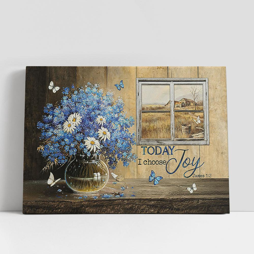 Christian Canvas Wall Art, Today I Choose Joy Blue Daisy Flowers Wall Art Canvas, Christian Canvas Art
