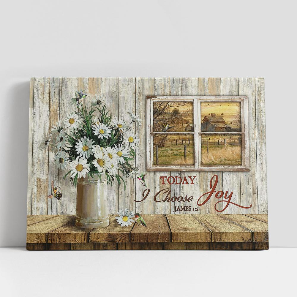 Christian Canvas Wall Art, Today I Choose Joy Daisy Vase Window Frame Canvas Wall Art, Christian Canvas Art