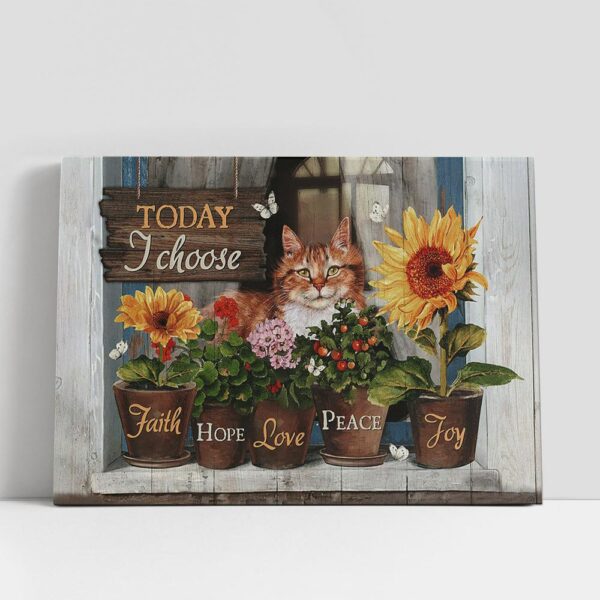 Christian Canvas Wall Art, Today I Choose Joy Lazy Cat Flower Vase Sunflower Canvas Painting, Christian Canvas Art