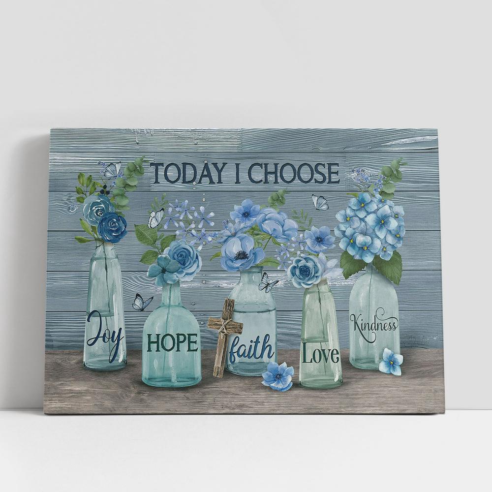 Christian Canvas Wall Art, Today I choose joy Blue flower garden Cross Canvas Wall Art, Christian Canvas Art