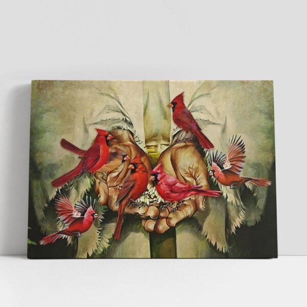 Christian Canvas Wall Art, Two Hand And Red Cardinal Birds Canvas Wall Art, Christian Canvas Art