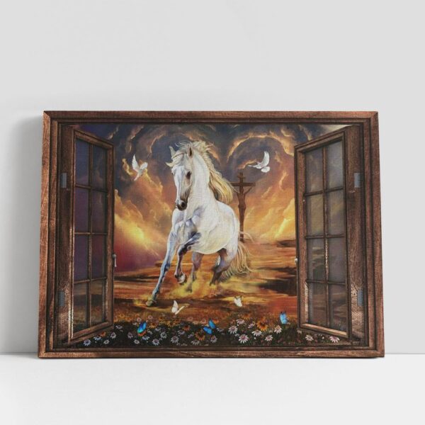 Christian Canvas Wall Art, White Horse Running Jesus On The Cross Canvas Prints, Religious Home Decor, Christian Canvas Art