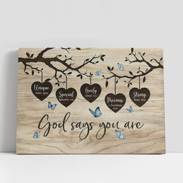 Christian Canvas Wall Art, Wooden Heart Oldest Tree Blue Butterfly God Says You Are Unique Canvas Art, Christian Canvas Art