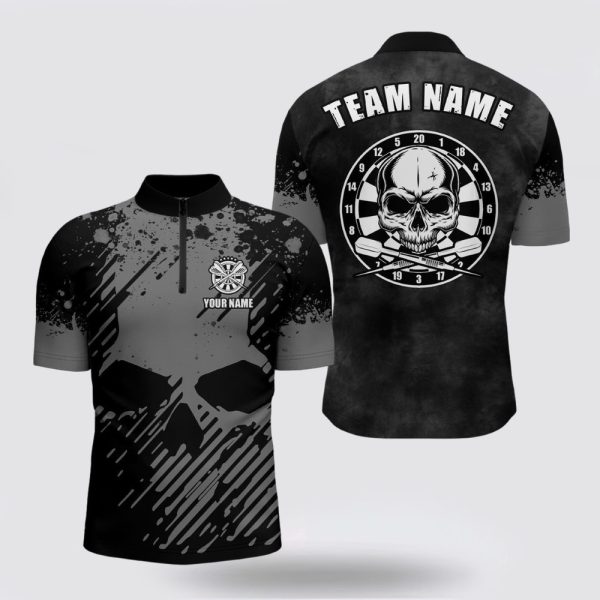Dart Jerseys, Black Grey Grunge Dart Jerseys Skull Dart Shirt For Men, Custom Dart Jerseys