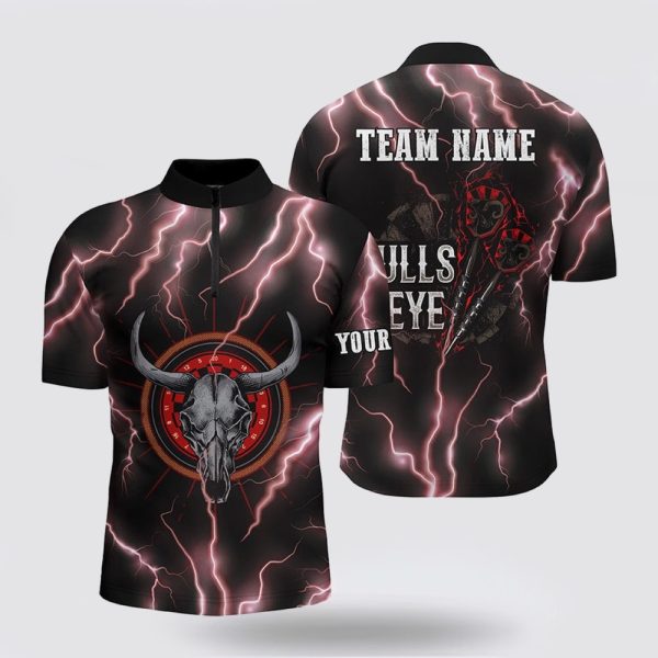 Dart Jerseys, Red Lightning Thunder Bull Skull Dart Jerseys Bulls Eye For Men, Custom Dart Jerseys