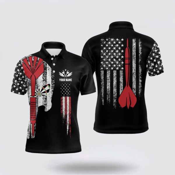Darts Polo Shirt, American Flag Skull Darts Polo Shirt Custom Patriotic Darts Shirts, Darts Polo Shirt Design