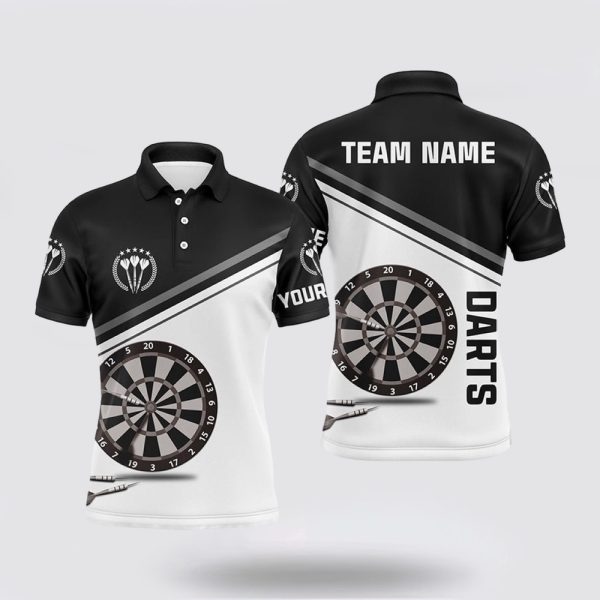 Darts Polo Shirt, Black And White Mens Darts Polo Shirt With Name Customized Darts Shirts, Darts Polo Shirt Design