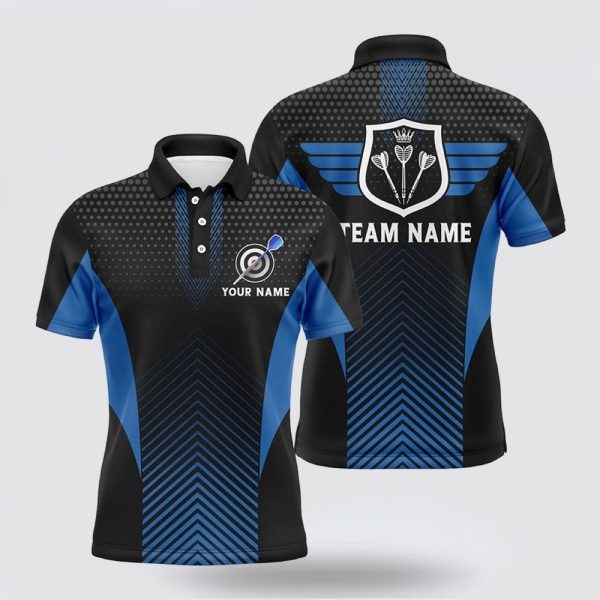 Darts Polo Shirt, Black Blue Geometric Darts Men Polo Shirt Custom Cool Darts Shirt, Darts Polo Shirt Design