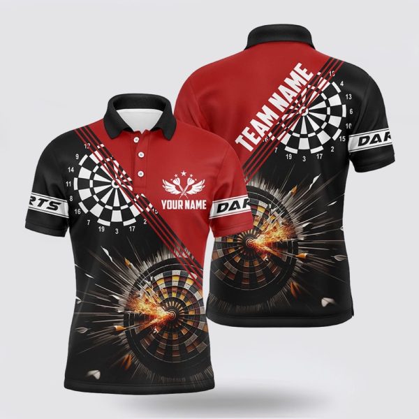 Darts Polo Shirt, Black Red Darts Fire Personalized Mens Polo Shirt, Darts Polo Shirt Design