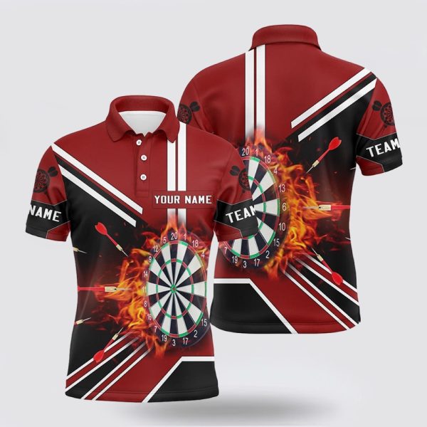 Darts Polo Shirt, Black Red Flame Dartboard Mens Polo Shirt Custom Fire Darts Shirts, Darts Polo Shirt Design