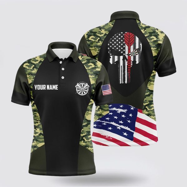 Darts Polo Shirt, Camouflage Skull American Flag Custom Mens Darts Polo Shirt Patriotic, Darts Polo Shirt Design