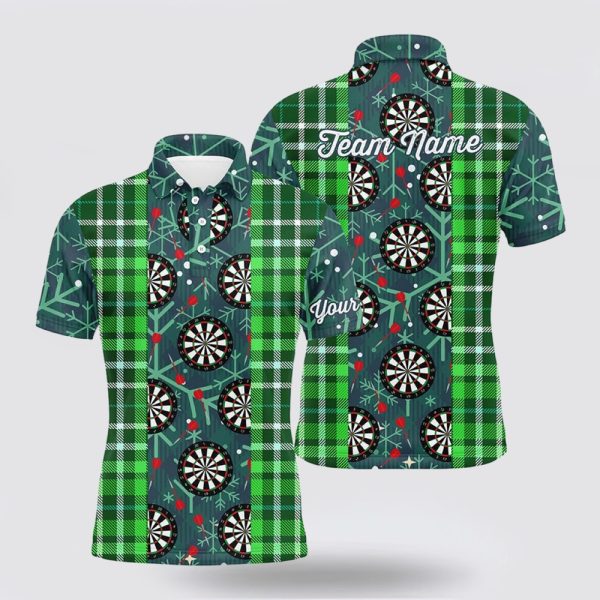 Darts Polo Shirt, Christmas Darts Flannel Plaid Pattern Green Mens Polo Shirt Custom, Darts Polo Shirt Design