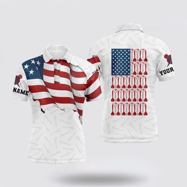 Darts Polo Shirt, Darts Pattern Waving American Flag White Polo Shirt Patriotic, Darts Polo Shirt Design