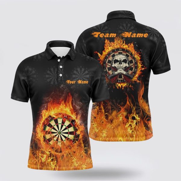 Darts Polo Shirt, Fire Flame Skull Darts Mens Polo Shirt Custom Scary Darts Shirt, Darts Polo Shirt Design