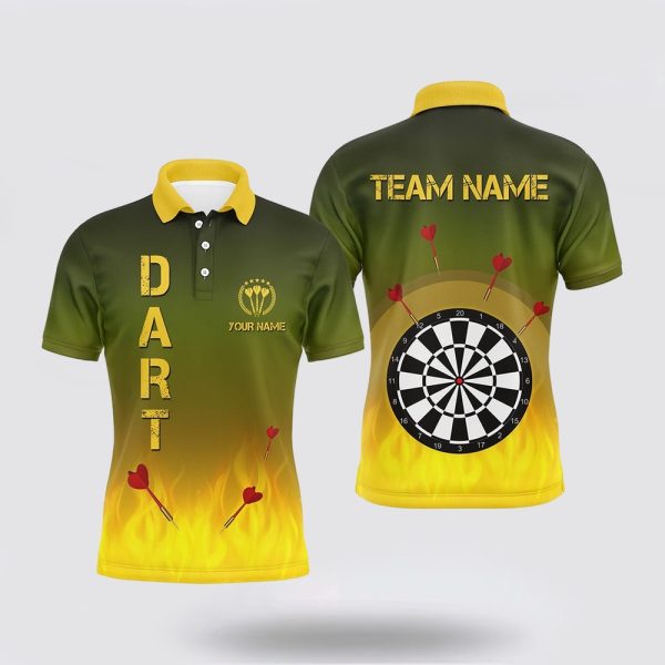 Darts Polo Shirt, Gradient Green Yellow Fire Flame Mens Darts Polo Shirts Custom, Darts Polo Shirt Design