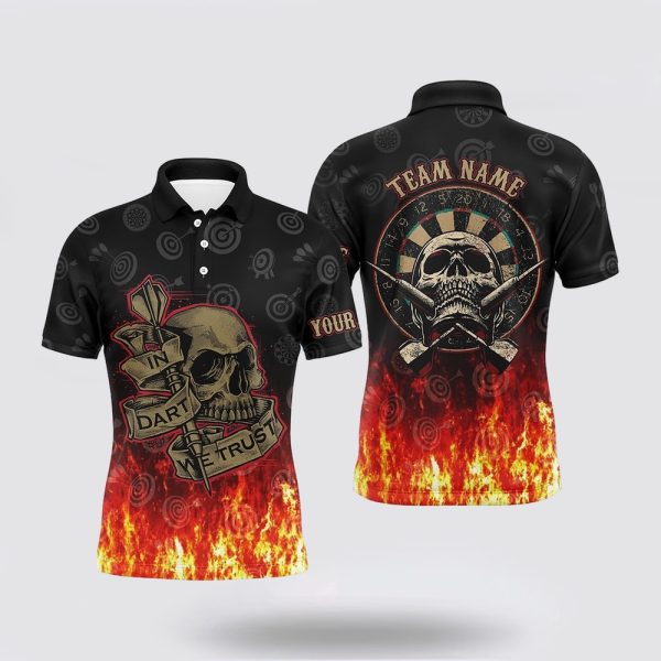Darts Polo Shirt, In Dart We Trust Flame Men Skull Polo Shirts Custom Fire Crazy, Darts Polo Shirt Design