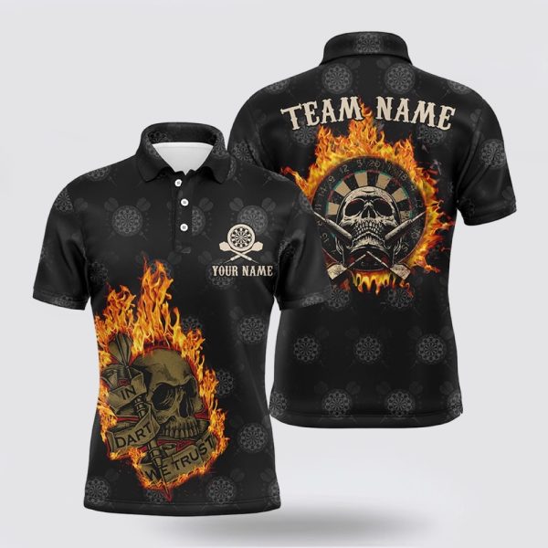 Darts Polo Shirt, In Dart We Trust Flame Skull Mens Polo Shirts Custom Fire Crazy, Darts Polo Shirt Design