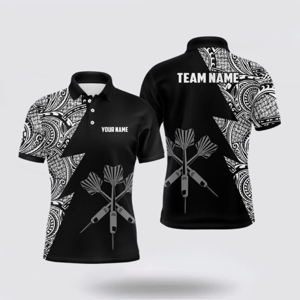 Darts Polo Shirt, Lightning Tribal Black White Personalized Darts Polo Shirts Custom, Darts Polo Shirt Design