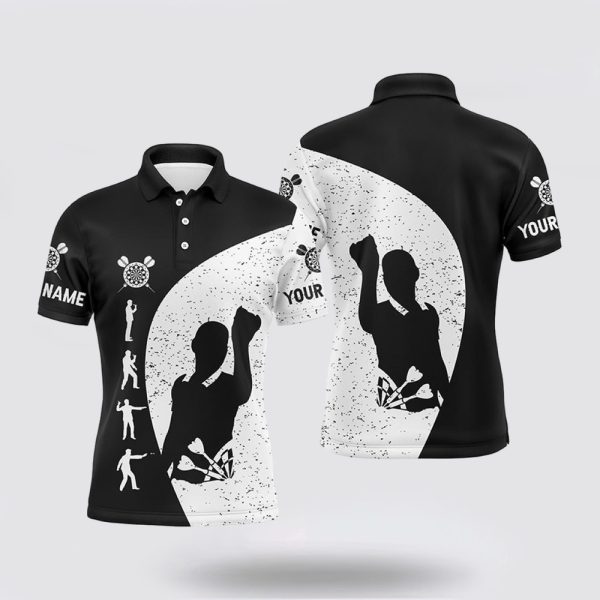 Darts Polo Shirt, Mens Black White Grunge Darts Polo Shirt Personalized, Darts Polo Shirt Design