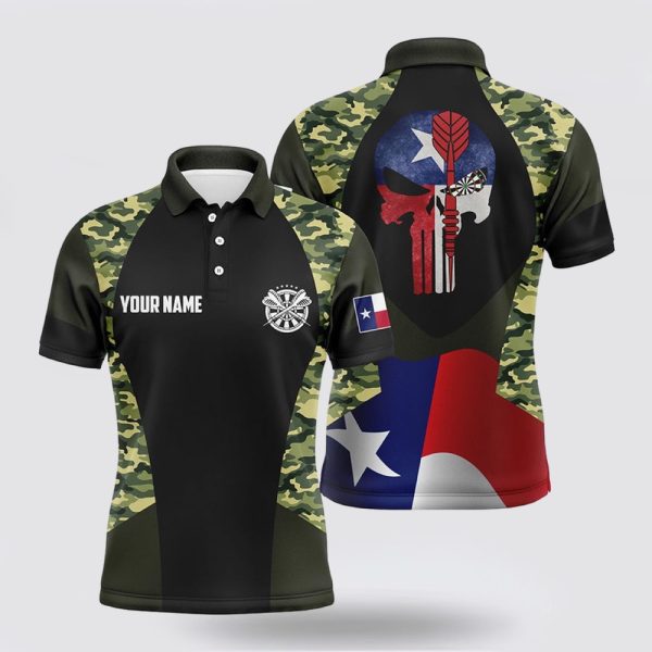 Darts Polo Shirt, Mens Camouflage Skull Texas Flag Custom Darts Polo Shirt Patriotic, Darts Polo Shirt Design
