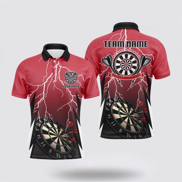 Darts Polo Shirt, Mens Personalized Red Lightning Darts Polo Shirt Custom Thunder, Darts Polo Shirt Design