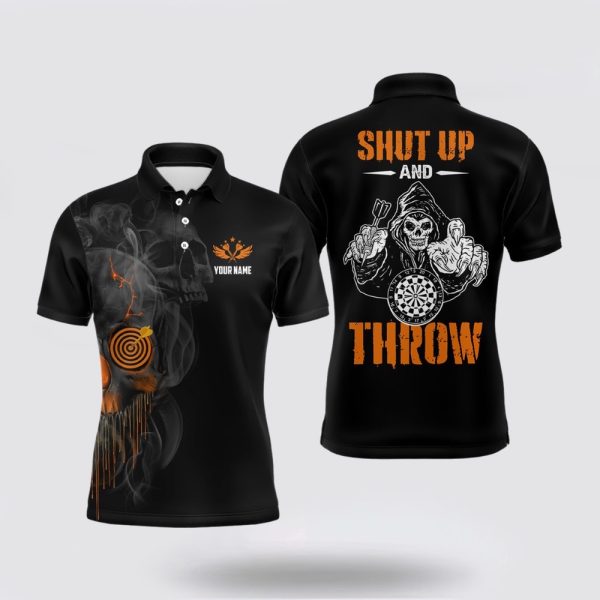 Darts Polo Shirt, Mens Skull Darts Polo Shirt Custom Halloween Orange Darts Shirts, Darts Polo Shirt Design