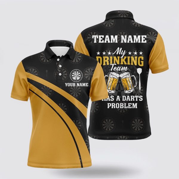 Darts Polo Shirt, My Drinking Team Beer Darts Mens Polo Shirt Black Yellow Custom, Darts Polo Shirt Design