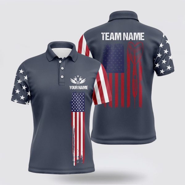 Darts Polo Shirt, Navy American Flag Mens Darts Polo Shirt Custom Patriotic Darts Shirts, Darts Polo Shirt Design