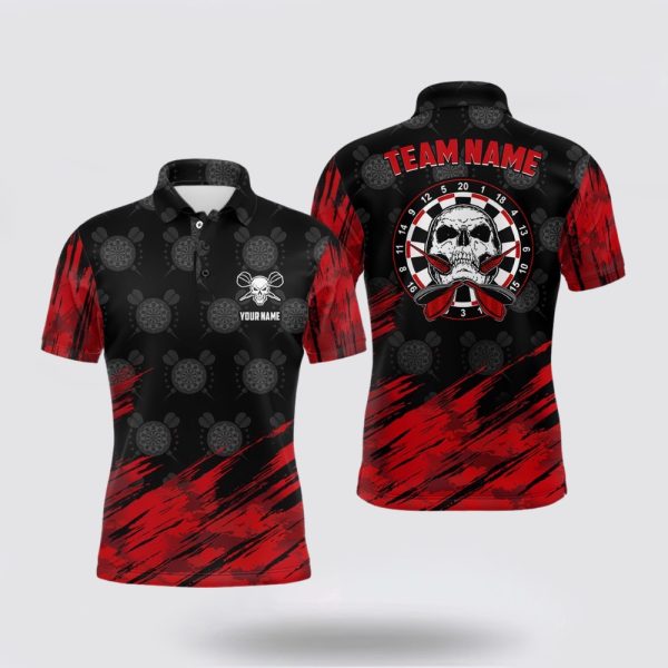 Darts Polo Shirt, Personalized All Over Print Mens Skull Darts Polo Shirt Red Black, Darts Polo Shirt Design