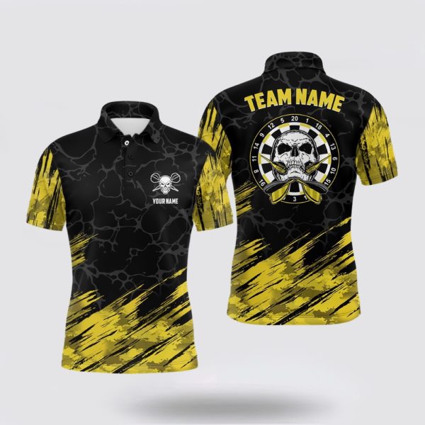 Darts Polo Shirt, Personalized All Over Print Skull Darts Men Polo Shirt Yellow Black, Darts Polo Shirt Design