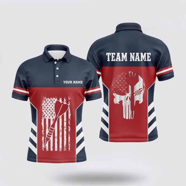 Darts Polo Shirt, Personalized American Flag Skull Red Blue Mens Polo Shirts Patriotic, Darts Polo Shirt Design
