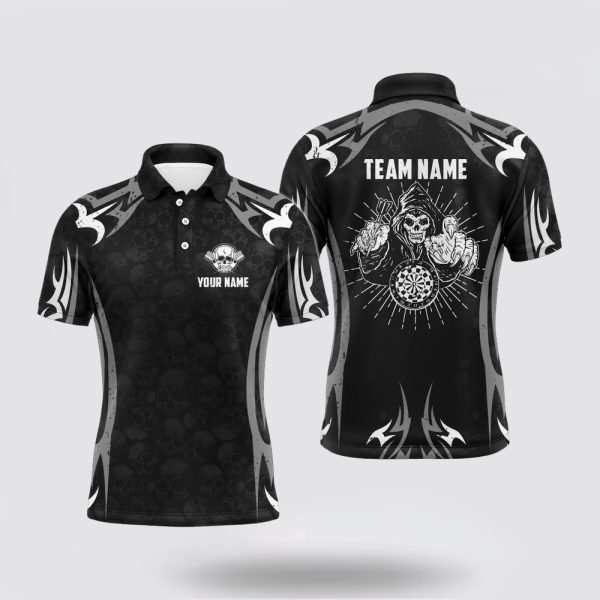 Darts Polo Shirt, Personalized Black Grey Skull Reaper Darts Polo Shirt Custom Scary, Darts Polo Shirt Design