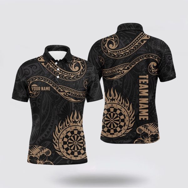 Darts Polo Shirt, Personalized Golden Hawaiian Tribal Flame Darts Polo Shirt, Darts Polo Shirt Design