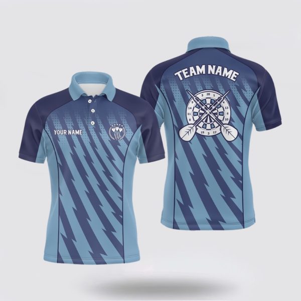 Darts Polo Shirt, Personalized Gradient Blue Lightning Mens Darts Polo Shirt Darts Shirt, Darts Polo Shirt Design