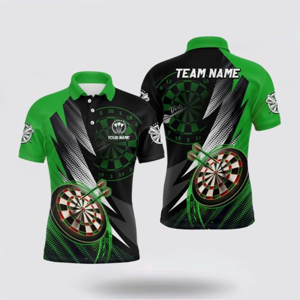Darts Polo Shirt, Personalized Green Black Mens Darts Polo Shirt Custom Cool Darts Shirt, Darts Polo Shirt Design
