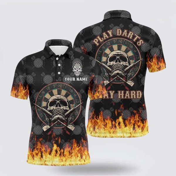 Darts Polo Shirt, Personalized Mens Skull Play Darts Play Hard Flame Polo Shirt Custom, Darts Polo Shirt Design