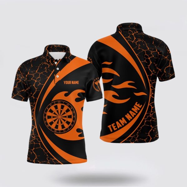 Darts Polo Shirt, Personalized Orange Fire Flame Darts Men Polo Shirt Darts Shirt, Darts Polo Shirt Design