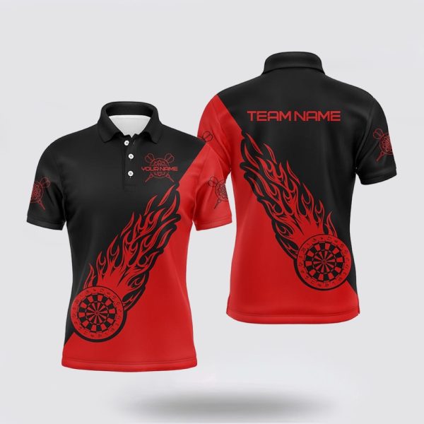 Darts Polo Shirt, Personalized Red Black Flame Darts Men Polo Shirt Custom Darts Shirt, Darts Polo Shirt Design