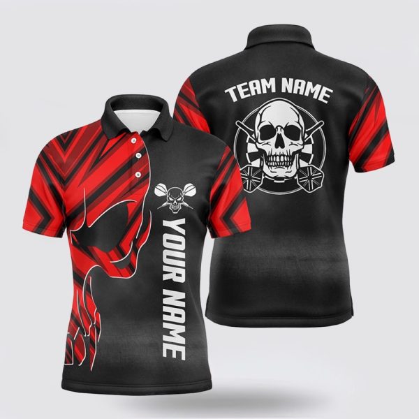 Darts Polo Shirt, Personalized Red Black Men Skull Darts Polo Shirt Custom Darts Shirt, Darts Polo Shirt Design