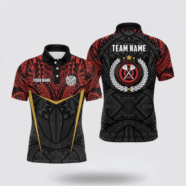 Darts Polo Shirt, Personalized Red Yellow Tribal Pattern Men Darts Polo Shirt, Darts Polo Shirt Design