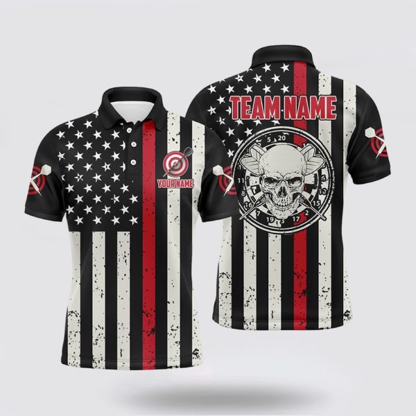Darts Polo Shirt, Personalized Skull American Flag Men Darts Polo Shirt Patriotic, Darts Polo Shirt Design