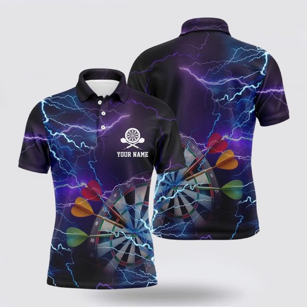 Darts Polo Shirt, Personalized Thunder Lightning Blue Purple Darts Polo Shirt, Darts Polo Shirt Design