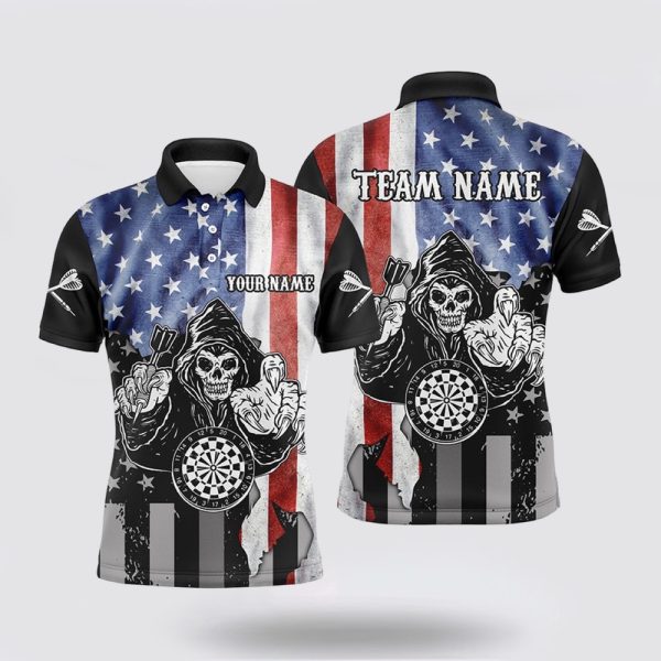 Darts Polo Shirt, Personalized Vintage American Flag Mens Darts Polo Shirt Skull, Darts Polo Shirt Design
