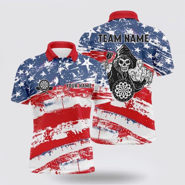 Darts Polo Shirt, Retro American Flag Skull Darts Men Polo Shirt Custom Patriotic, Darts Polo Shirt Design