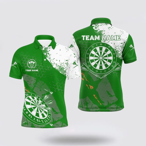 Darts Polo Shirt, Retro Green White Pattern Custom Mens Darts Polo Shirts, Darts Polo Shirt Design