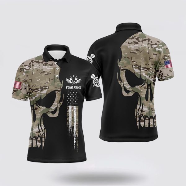 Darts Polo Shirt, Skull Camouflage American Flag Mens Darts Polo Shirt Patriotic, Darts Polo Shirt Design