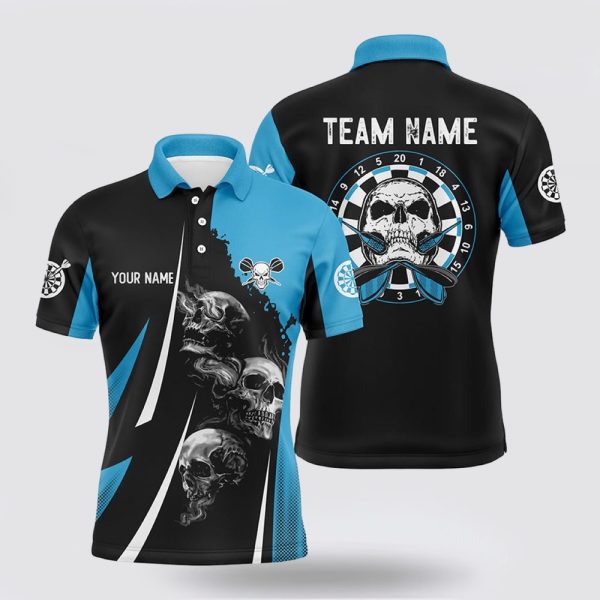Darts Polo Shirt, Skull Strike Personalized Darts Polo Shirt Black Blue, Darts Polo Shirt Design