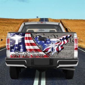 Jesus Tailgate Wrap, American Eagle Flag Cross One Nation Under God Tailgate Decal Family Gift Tailgate Wrap