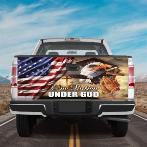 Jesus Tailgate Wrap, Bald Eagle American Patriot Bible One Nation Under God Tailgate Wrap Vinyl Graphic Decal Sticker Tailgate Wrap