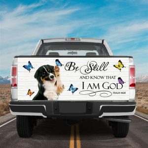 Jesus Tailgate Wrap, Bernese Mountain Puppy Tailgate Mural Playful Dog Butterflies Graphic Wraps God Bible Verse Tailgate Wrap